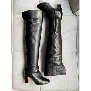 Chanel Vintage Black Leather Thigh High Boots size35.5